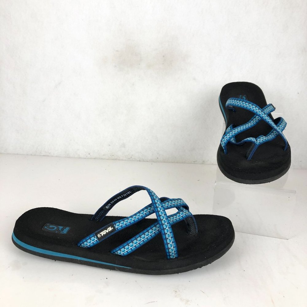 Teva Women's Size 8 Olowahu Blue White Open Toe Strappy Vegan Slip On Sandals - Picture 1 of 12